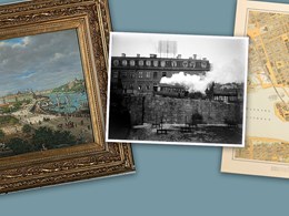 Collage med fotografi, målning och karta över Slussen