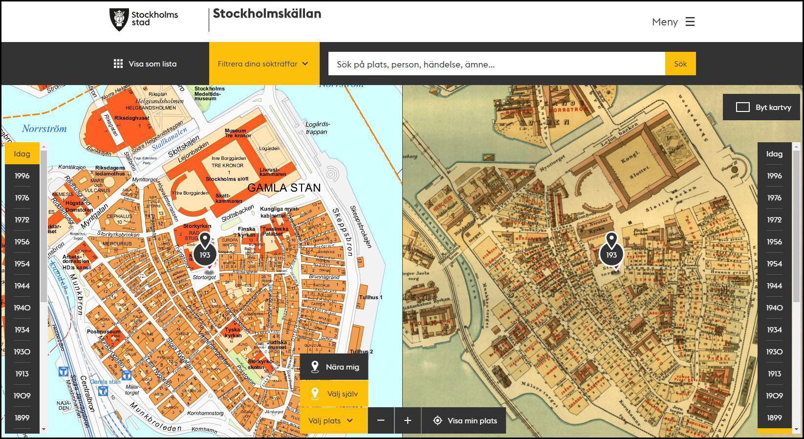 Sök på karta på stockholmskällan.se