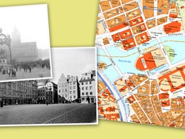 Collage som visar två svartvita fotografier från Stockholm och en karta över Gamla stan