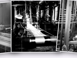 Dekorativt montage: Tre svartvita bilder på textilarbatare i fabrik
