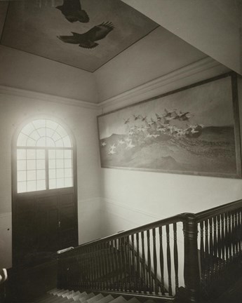 Ett trapphus där det är högt i tak och med målningar både på väggen och i taket förställande fåglar. Ett rundat fönster och en dörr kan ses till vänster i bilden.