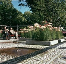 Planteringar och fontäner i Vasaparkens västra del. Män sitter på rödmålad parkbänk