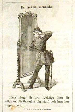 En lycklig menniska. Bildskämt i Söndags-Nisse – Illustreradt Veckoblad för Skämt, Humor och Satir, nr 4, den 28 januari 1866.