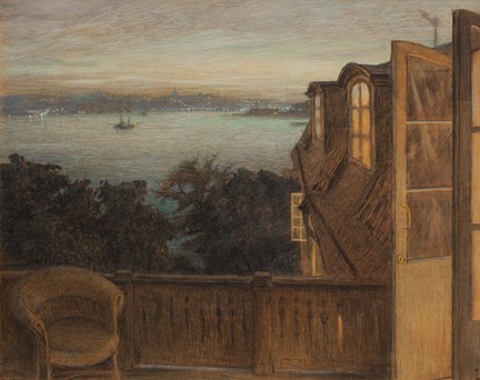 Målning föreställande utsikten från balkongen i Gamla huset på Waldemarsudde en sommarkväll 1903.