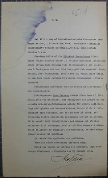 Rösträttsmöte anordnat av Socialdemokratiska Kvinnornas Samorganisation - polisrapport 1914 
