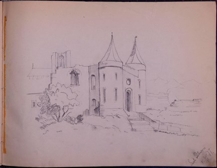 Blyertsteckning av två torn ritad av Gurli Linder, född Peterson, 12 år.