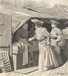 Damer som handlar i ett stånd 1905