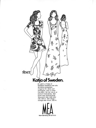 Svart text och bild på vit text med två kvinnor i klänningar. 