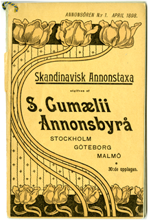 Skandinavisk annonstaxa från S. Gumaeli annonsbyrå april 1898
