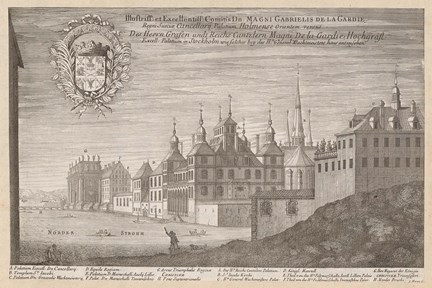 Magnus Gabriel de la Gardies palats i Stockholm från öster - gravyren är hämtad från Suecia antiqua et hodierna