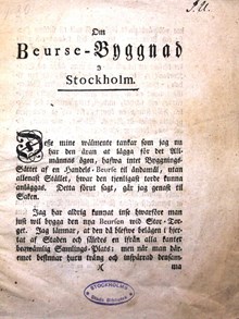 "Om Beurse-byggnad i Stockholm" - Jean Eric Rehn 1768