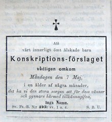 Dödsruna över konskriptionsförslaget. Satirisk notis i Söndags-Nisse – Illustreradt Veckoblad för Skämt, Humor och Satir, nr 19, den 13 maj 1866