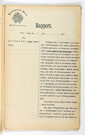 Polisrapport om Josef Skoutelsky vid upploppet på Gustaf Adolfs torg den 5 juni 1917