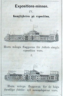 Expositions-minnen IV. Bildskämt om Stockholmsutställningen 1866 i Söndags-Nisse – Illustreradt Veckoblad för Skämt, Humor och Satir, nr 43, den 21 oktober 1866