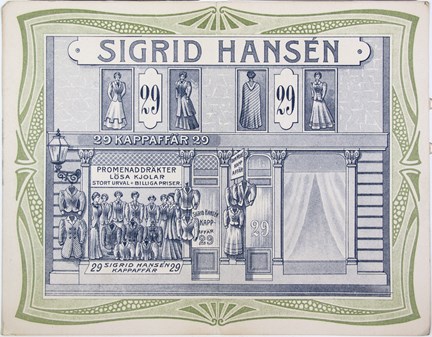 Reklamkort i blått och grönt bild av affär med damkläder samt text.