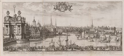 Triumfbåge rest på Norrbro 1680 vid drottning Ulrika Eleonoras högtidliga intåg - gravyr hämtad från Suecia antiqua et hodierna