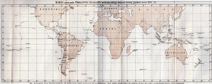 Världskarta från 1850-talet, med Eugenies rutt inritad.