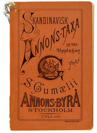 Svart text på orange bakgrund med information om skandinavisk annons-taxa från S.Gumali annons-byrå. 