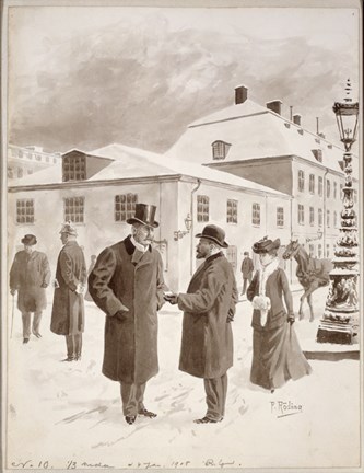 Två män samtalar med varandra på Tegelbacken, andra människor rör sig i bakgrunden. Det är vinter och snö. 