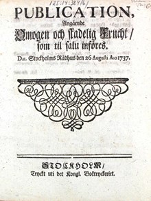 "Publication Angående Omogen och Skadelig Frucht som till salu införes" 1737
