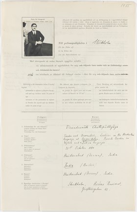 Virendranâth Chattopâdhyâyas ansökan om uppehållsbok 1919. Framsidan.