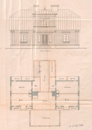 Utsnitt av ritning från 1880 som visar fasad och ett våningsplan. I tusch på transparent väv