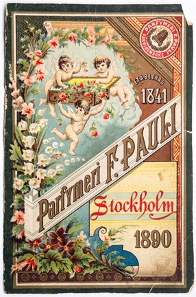 Reklamkort i flerfärgstryck med keruber med blommor samt text.