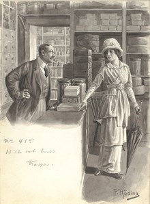 Dam som handlar i butik 1914