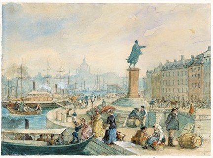 Skeppsbron med Gustav III:s staty och båtar i turtrafik