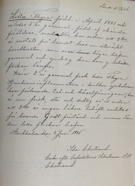 Tysta skolan - ansökan om plats för dövstumma Thyra 1886