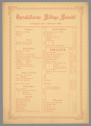 Middagsmatsedel från Operakällaren, 1881