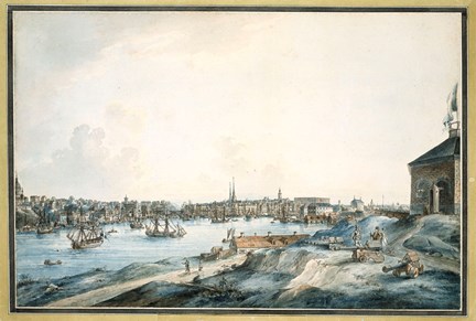 Akvarell, utsikt över Stockholm från Kastellholmen