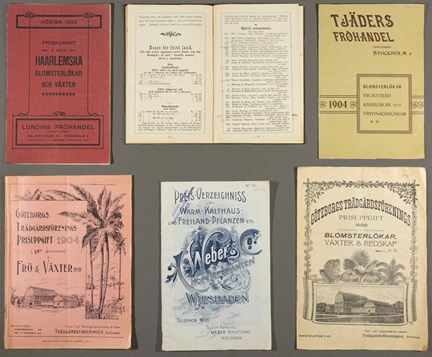 Fotografiet visar ett urval av Prins Eugens beställningskataloger för växter från åren 1900-1904.