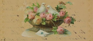 En korg med rosa rosor och vita duvor