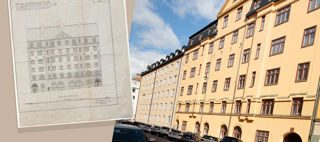 Montage av ritning och fotografi över ett flerfamiljshus