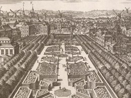 Tecknad bild som föreställer Kungsträdgården på 1700-talet.