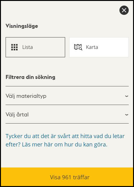 Filtrera sökresultat på stockholmskällan.se
