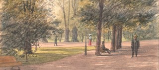 Tecknad bild föreställande människor i en park.