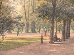 Tecknad bild föreställande människor i en park.