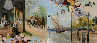 Bilden som är en målad bild föreställer en segelbåt och en kvinna med ett paraply i olika årstider