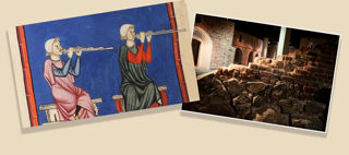 Två bilder som visar en medeltida målning där två personer spelar flöjt samt ett fotografi av en medeltida mur som idag står inomhus.