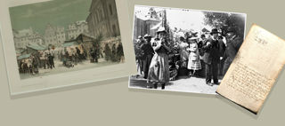 Dekorativt montage av foton och litografi som visar människor som firar olika högtider