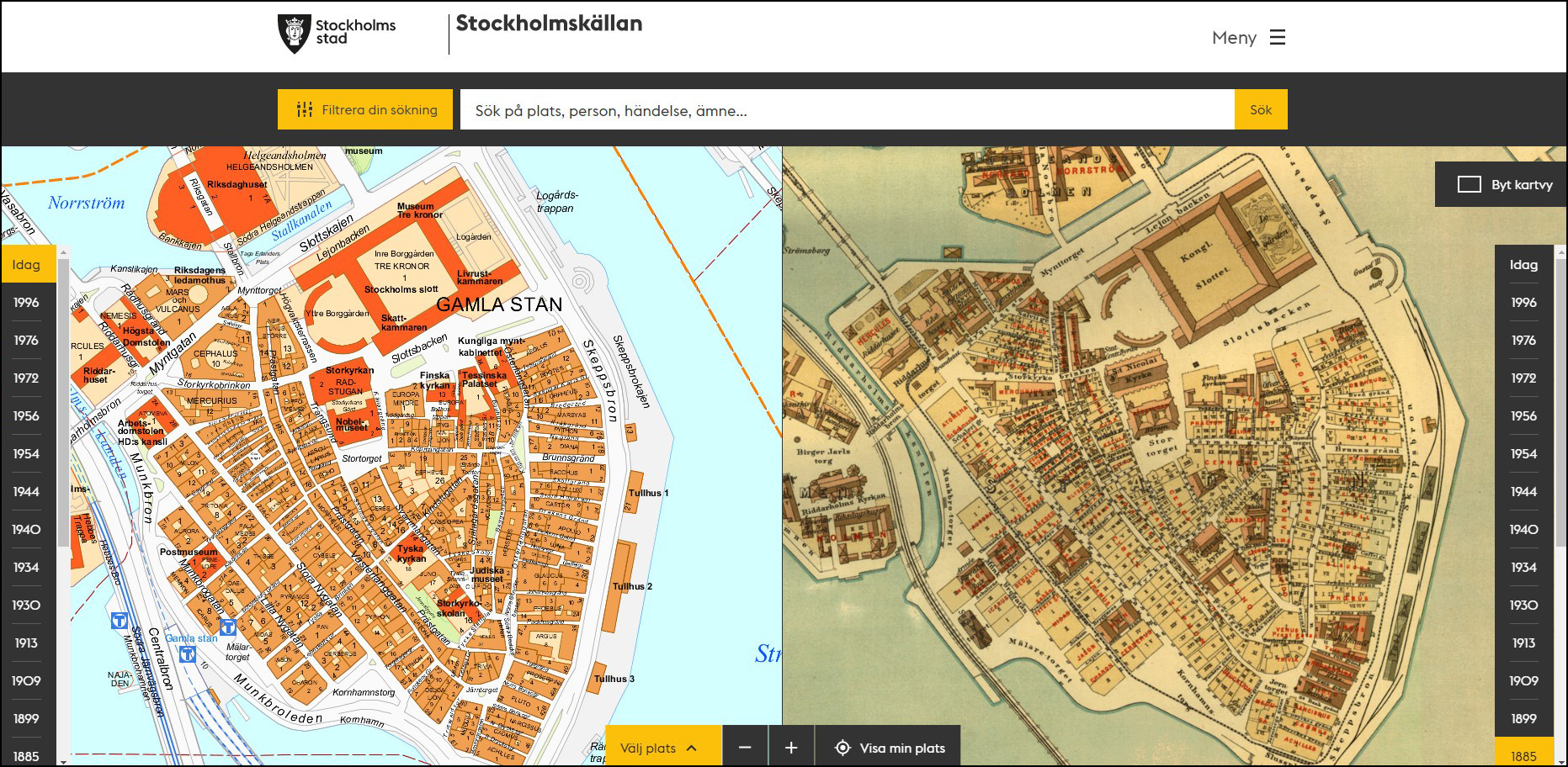 Jämför historiska kartor på Stockholmskällan