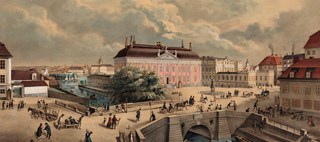Målning med utsikt från Stockholms slott över byggnader, gator och människor