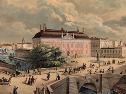 Målning med utsikt från Stockholms slott över byggnader, gator och människor
