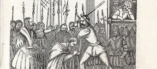 Teckning av en bödel hugger huvudet av en biskop
