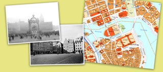 Collage som visar två svartvita fotografier från Stockholm och en karta över Gamla stan