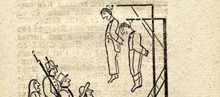 Teckning på två hängda personer i galgen och tre som står och tittar på