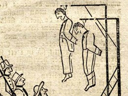 Teckning på två hängda personer i galgen och tre som står och tittar på