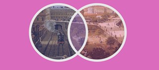 Dekorativt kollage: Två överlappande cirklar med en målning i, mot rosa bakgrund.
